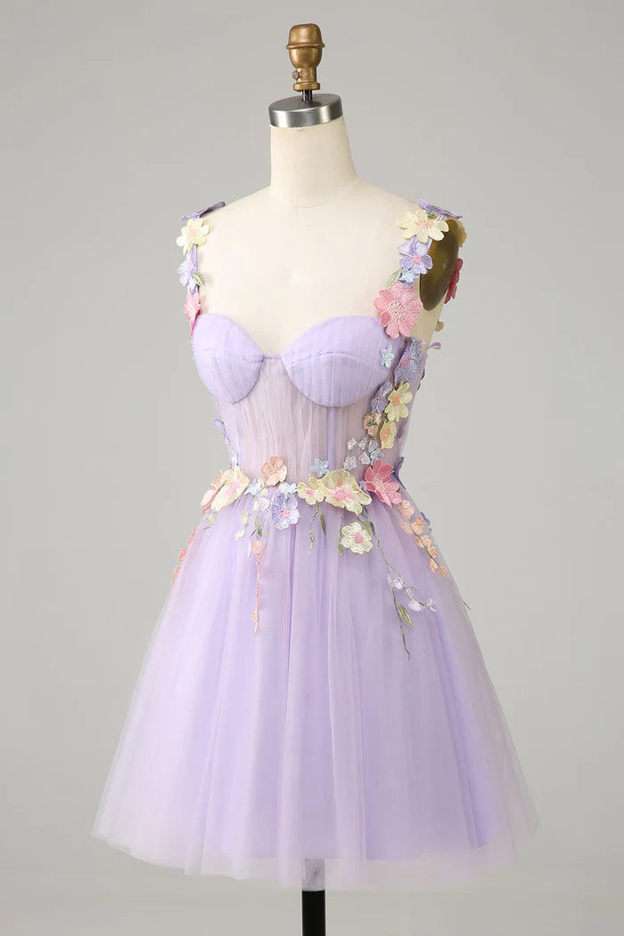 Weitese Dress Purple Spaghetti Straps Tulle Homecoming Dress Pleats Sleeveless 3D Flowers Party Dress
